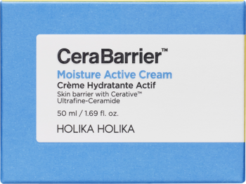 Niebiesko-białe pudełko Holika Holika CeraBarrier Moisture Active Cream 50ml z ceramidami, widok z przodu.