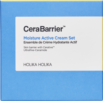 Holika Holika CeraBarrier Moisture Active Cream Set z ceramidami w niebiesko-białym pudełku, widok z przodu.