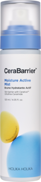 Holika Holika CeraBarrier Moisture Active Mist do twarzy, biała butelka z niebieską zakrętką, z przodu żółty i niebieski kształt.
