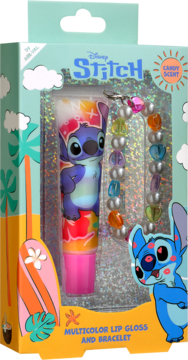 Zestaw Disney Stitch: balsam do ust 'Candy Scent' z postacią Stitcha i kolorowa bransoletka, w ozdobnym pudełku, widok z przodu.