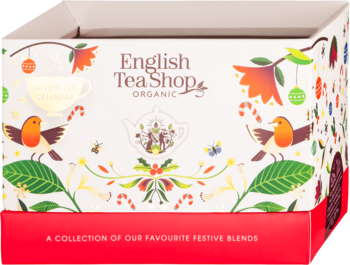 Biały kalendarz adwentowy English Tea Shop z świątecznymi ilustracjami ptaków i ozdób, widok z przodu.