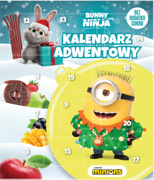 Kalendarz adwentowy Bunny Ninja Minions. Na tle śniegu królik i Minion. Zawiera owocowe przekąski bez cukru.