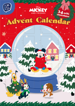 Kalendarz adwentowy Disney Mickey and Friends, 24 mleczne czekoladki. Czerwone tło, Mickey w kuli śnieżnej, Pluto i przyjaciele Disneya.