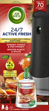 Air Wick 24/7 Active Fresh automatyczny odświeżacz Winter Punch & Spices, czarny dozownik i wkład, widok przód.