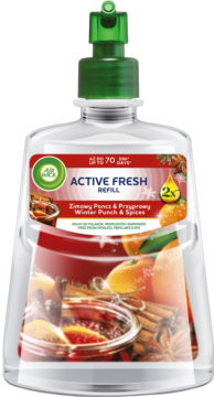Air Wick Active Fresh Refill Zimowy Poncz & Przyprawy, przezroczysta butelka z zielonym dozownikiem, widok z przodu.