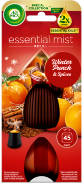 Air Wick Essential Mist Refill, Winter Punch & Spices. Red packaging with 2x essential oils, oranges, cinnamon.