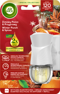 Air Wick Winter Punch & Spices plug-in diffuser, biały dyfuzor z żółtym wkładem w czerwonym opakowaniu, widok z przodu.