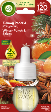 Air Wick Winter Punch & Spices scented oil refill, 2x more essential oils, red festive packaging with oranges.