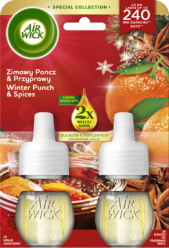 Air Wick Winter Punch & Spices dwupak wkładów zapachowych z olejkami eterycznymi, opakowanie czerwone z owocami i przyprawami.