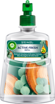 Air Wick Active Fresh wkład do odświeżacza, Niebieski Eukaliptus i Cedr, butelka z zielonym dozownikiem, widok z przodu.