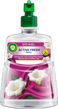 Air Wick Active Fresh wkład Księżycowa Lilia & Zmysłowa Satyna, przezroczysta butelka, zielony dozownik, widok z przodu.
