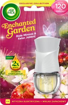 Air Wick Enchanted Garden: biała mimoza & kwiat jabłoni. Elektryczny odświeżacz z 2x olejkami, widok z przodu.