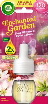 Air Wick Enchanted Garden wkład zapachowy, Biała Mimoza i Kwiat Jabłoni, różowe opakowanie, widok z przodu, 120 dni zapachu.