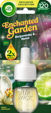 Air Wick Enchanted Garden Bergamotka & Neroli elektryczny wkład zapachowy. Zielone opakowanie z butelką widoczną.