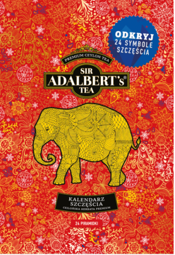 Kalendarz adwentowy Sir Adalbert's Tea Szczęścia. Czerwone pudełko ze złotym wzorem i słoniem, 24 herbaty.