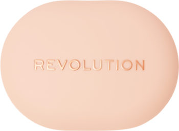 Brzoskwiniowy prasowany puder Revolution Powder Pops Instant Blur, owalny kompakt z logo, widok z góry.