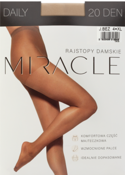 DAILY Miracle 20 DEN, beżowe rajstopy damskie w opakowaniu, z widocznymi nogami. Rozmiar 4-XL, z elastanem.