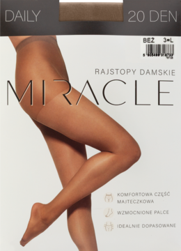 Opakowanie rajstop damskich DAILY MIRACLE 20 DEN w kolorze beżowym, z nogą modelki, podkreślające komfort i wzmocnienie.