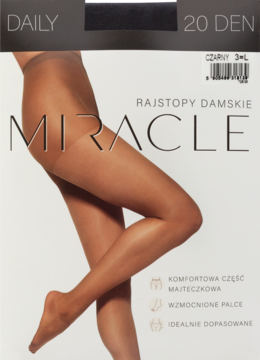 Opakowanie rajstop damskich Miracle 20 DEN, cieliste, z elastanem, widok z przodu opakowania z nogami.