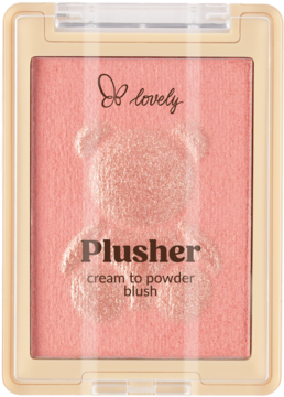 Róż do twarzy lovely PLUSHER cream to powder, jasnoróżowy z misiem, w otwartej beżowej puderniczce.