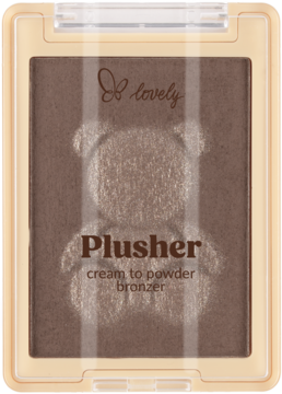 Kompaktowy bronzer Lovely Plusher cream to powder w beżowym opakowaniu, brązowy puder z wytłoczonym misiem.