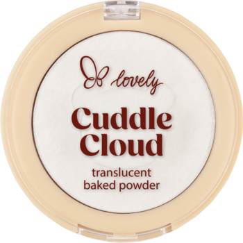 Lovely Cuddle Cloud transparentny, wypiekany puder w beżowej okrągłej puderniczce, widok z góry, z brązowym tekstem.