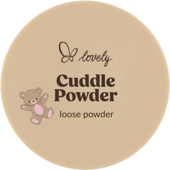 Okrągły puder sypki do twarzy Lovely Cuddle Powder, beżowy, z misiem i napisem na wieczku.