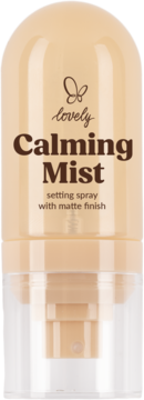 Lovely Calming Mist setting spray with matte finish, beżowa butelka, brązowy napis, widok z przodu.