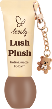 Lovely Lush Plush tinting matte lip balm in a beige tube with a plush brown base & teddy bear charm keychain.
