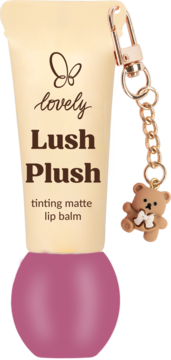 lovely Lush Plush tinting matte lip balm w beżowej tubce z fioletową podstawą i brelokiem misiem, widok z przodu.