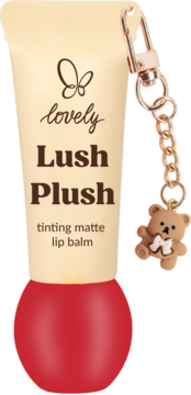Lovely Lush Plush tinting matte lip balm: beige tube, red base, gold chain with teddy bear charm. Front view.