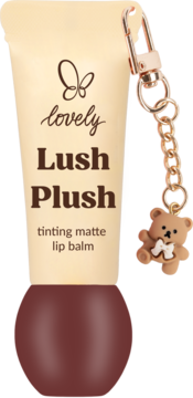 Beżowy balsam Lovely Lush Plush, tinting matte lip balm, brązowa podstawa z brelokiem misia.