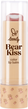 Beżowy balsam do ust Lovely Bear Kiss z misiami, widok z przodu. Opakowanie w jasnym beżu, z brązowymi napisami.