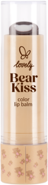 Beżowy balsam do ust Lovely Bear Kiss w sztyfcie, widok z przodu, z przezroczystą nakrętką i misiami.