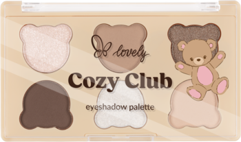Paleta cieni Cozy Club, 6 odcieni w kształcie misiów: beże i brązy w przezroczystym etui. Widok z góry.