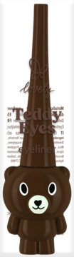 Eyeliner Lovely Teddy Eyes w brązowej butelce w kształcie misia z białym pyszczkiem i aplikatorem, widok z przodu.