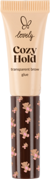 Transparentny klej do brwi Lovely Cozy Hold w beżowej tubce z brązowym spodem i wzorem różowych misiów.