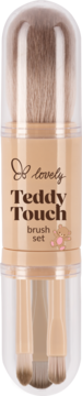 Kompaktowy zestaw pędzli do makijażu Lovely Teddy Touch w beżowej tubie, widok z przodu na szczotki.