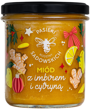 Żółty miód Sadowskich z imbirem i cytryną 430g w szklanym słoiku, rozgrzewający, świąteczna etykieta. Widok z przodu.