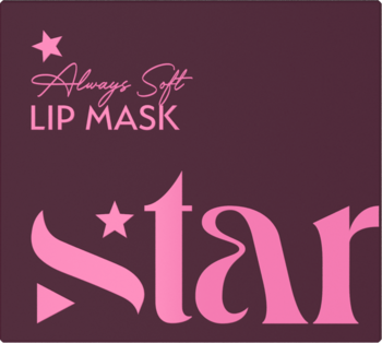 Opakowanie maski do ust Star Always Soft, brązowe z różowymi napisami i gwiazdkami, widok z przodu.