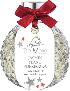 Tso Moriri olejek do ciała i kąpieli Jaśmin Ylang Porzeczka w fasetowanej butelce z czerwoną wstążką i etykietą w gwiazdki.