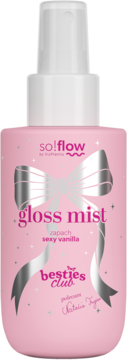 Różowa butelka so!flow gloss mist o zapachu sexy vanilla, z białym atomizerem i srebrną kokardą, widok z przodu.