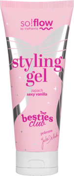 Różowy żel do stylizacji so!flow Besties Club, zapach sexy vanilla, w tubce z białym zamknięciem, widok z przodu.