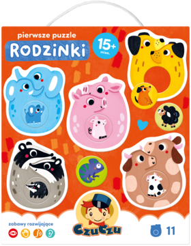 CzuCzu RODZINKi, pierwsze puzzle dla dzieci 15m+, kolorowe zwierzęce rodziny, widok z przodu pudełka.