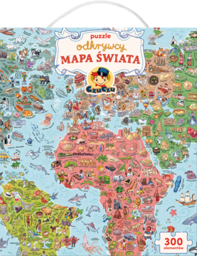 Edukacyjne puzzle CzuCzu Odkrywcy Mapa Świata 300 elementów, kolorowa ilustracja mapy z budowlami i zwierzętami.