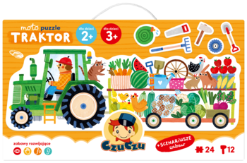Pudełko CzuCzu puzzle podłogowe Traktor 2+, widok z przodu, zielony traktor z przyczepą, 24+12 el.