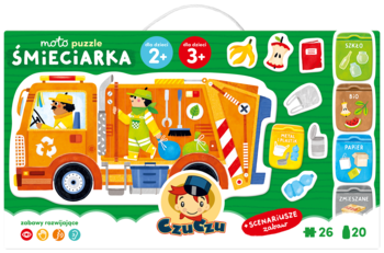 Puzzle CzuCzu Śmieciarka 2+, zestaw edukacyjny z pojazdem i obrazkami do nauki segregacji odpadów.