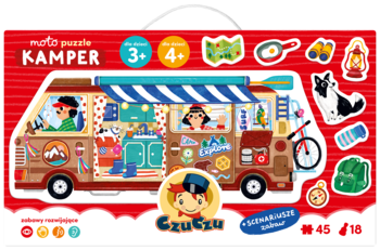 Czerwone pudełko moto puzzli Czuczu Kamper, front; ilustracja brązowego kampera z ludźmi i 18 elementów.