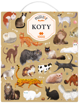 Puzzlove puzzle 1000 elementów KOTY. Ilustracja z wieloma różnymi rasami kotów na brązowym tle, widok z przodu.