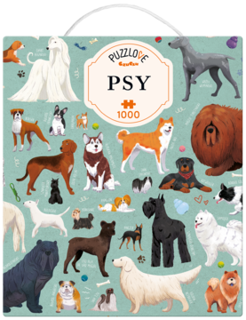 Puzzlove PSY 1000 el. puzzle. Pudełko z kolorową ilustracją wielu ras psów na zielonym tle, widok z przodu.